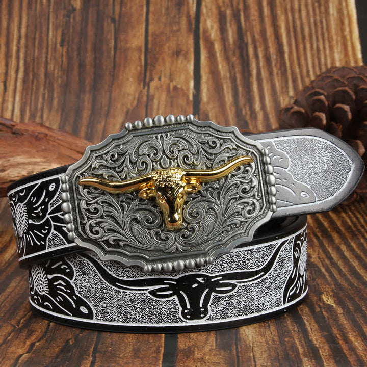 Weatern Gold Longhorn Bull Head Colorful Leather Belt