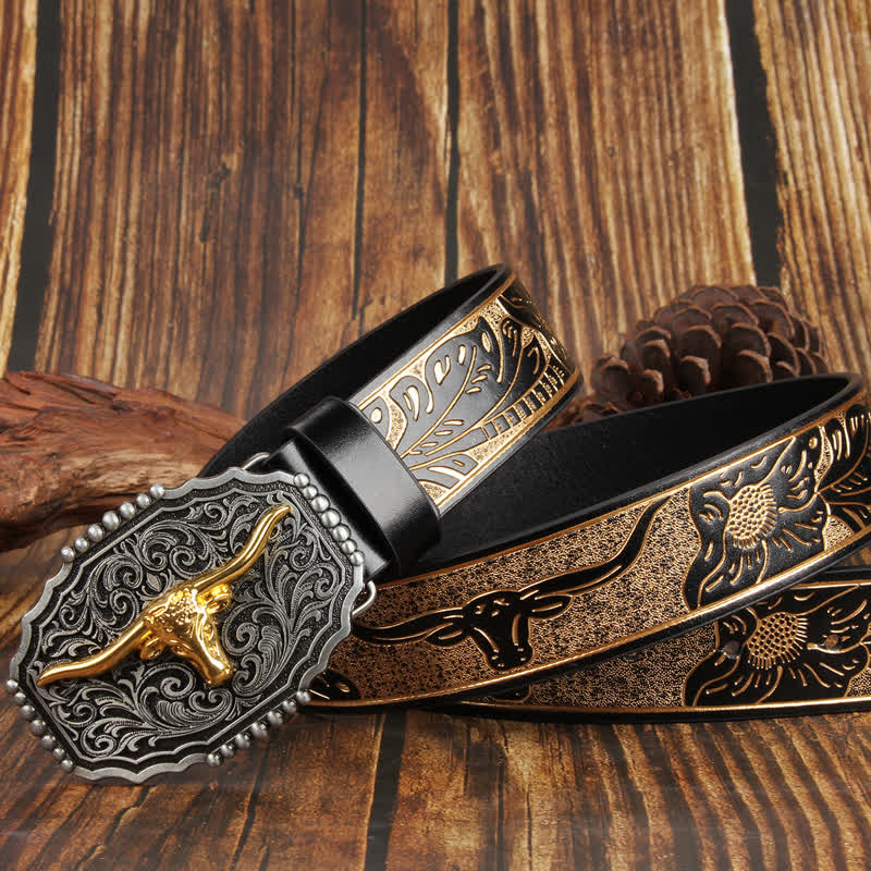 Weatern Gold Longhorn Bull Head Colorful Leather Belt