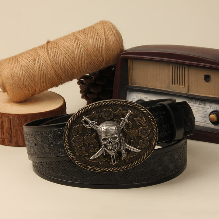 Vampire Skull & Dual Swords Buckle Leather Belt