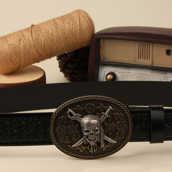 Vampire Skull & Dual Swords Buckle Leather Belt