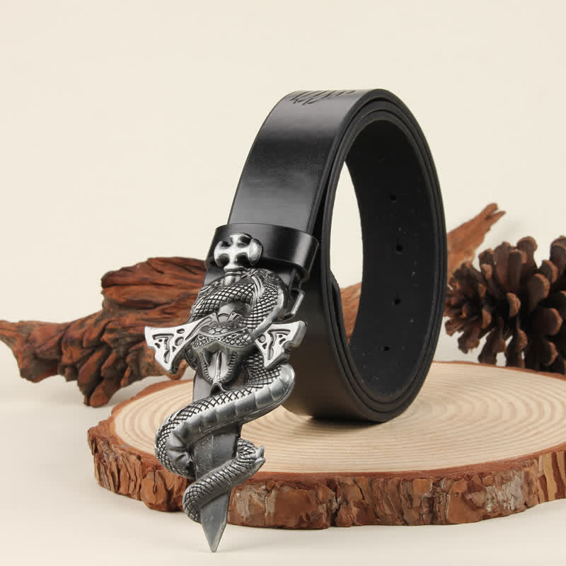 Men's Silver 3D The Dagger & The Cobra Buckle Leather Belt