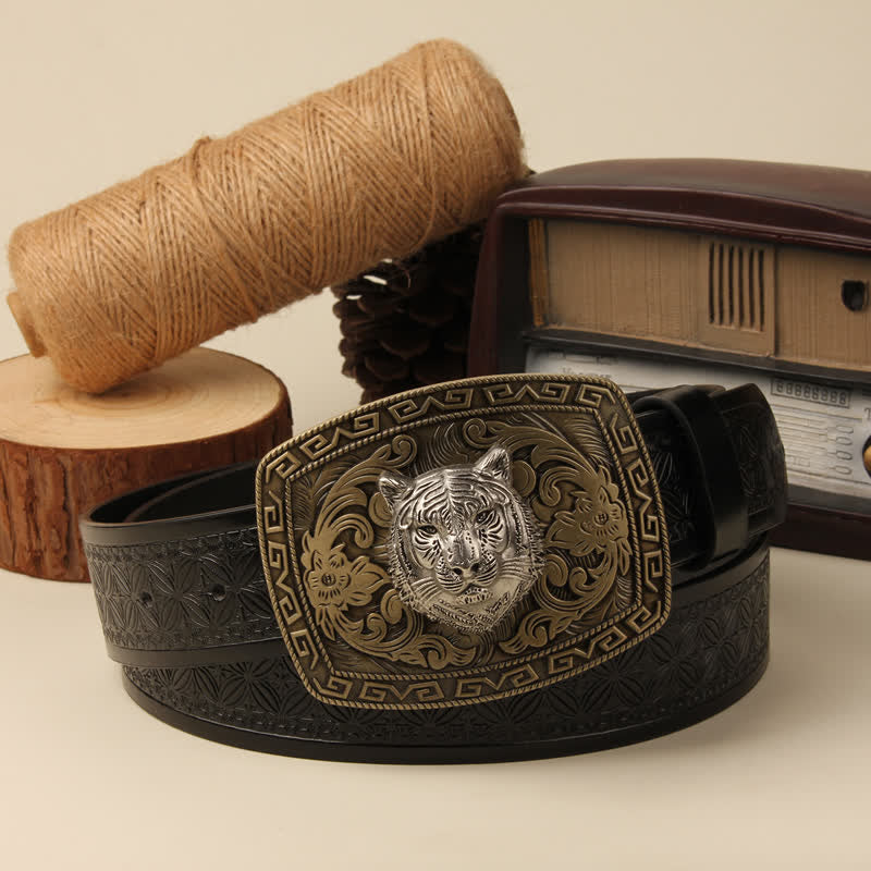 Men's Tiger Head Buckle Carved Floral Buckle Leather Belt