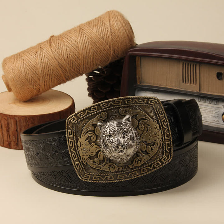 Men's Tiger Head Buckle Carved Floral Buckle Leather Belt