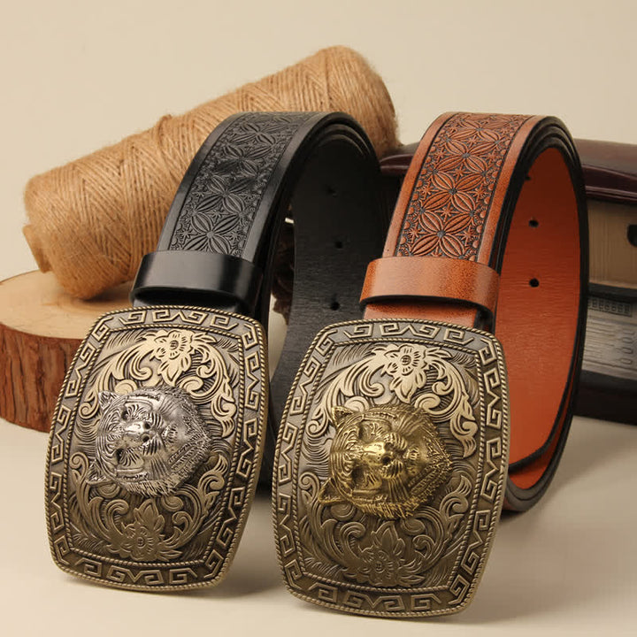 Men's Tiger Head Buckle Carved Floral Buckle Leather Belt