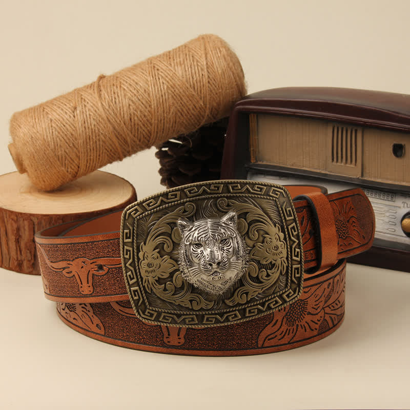 Men's Tiger Head Buckle Carved Floral Buckle Leather Belt