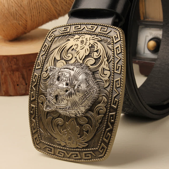 Men's Tiger Head Buckle Carved Floral Buckle Leather Belt