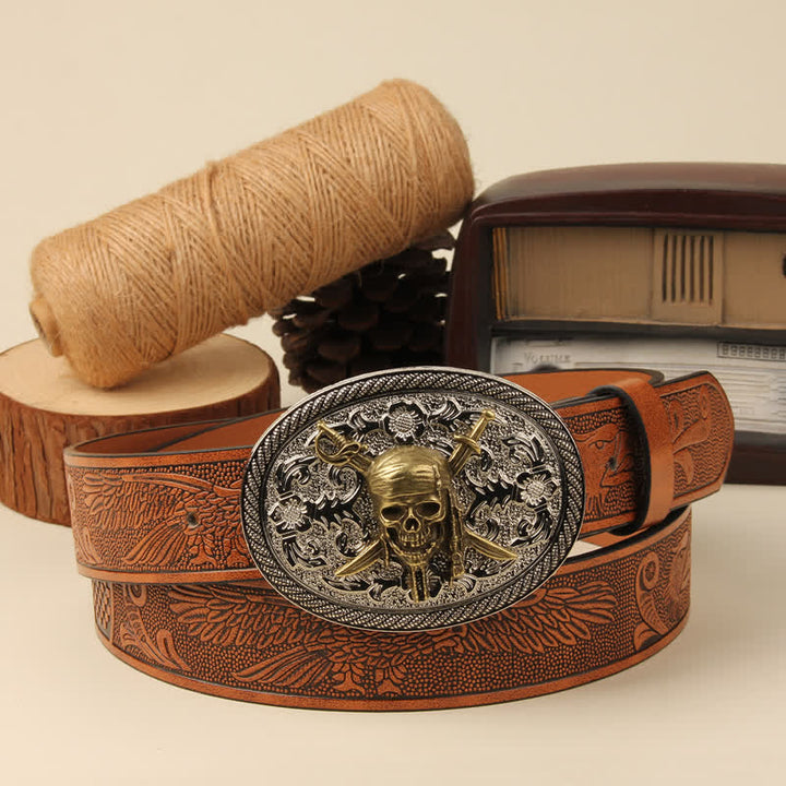 Gold Vampire Skull & Dual Swords Silver Buckle Leather Belt