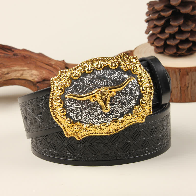 Gold & Silver Western Bull Buckle Leather Belt