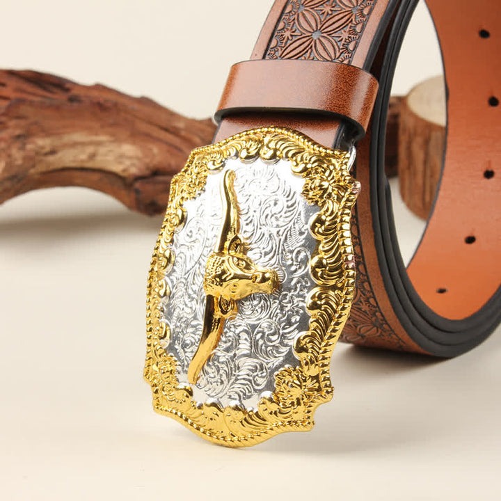 Gold & Silver Western Bull Buckle Leather Belt