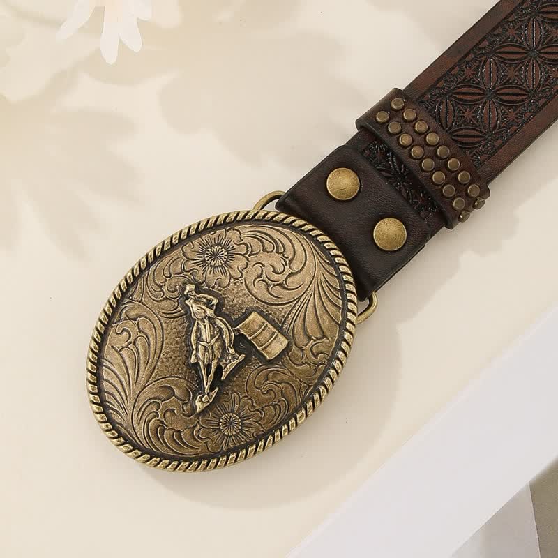 Western Style Rivet Embossed Weave Pattern Leather Belt