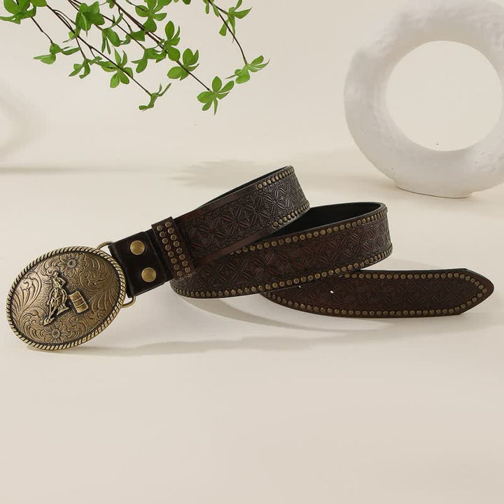 Western Style Rivet Embossed Weave Pattern Leather Belt