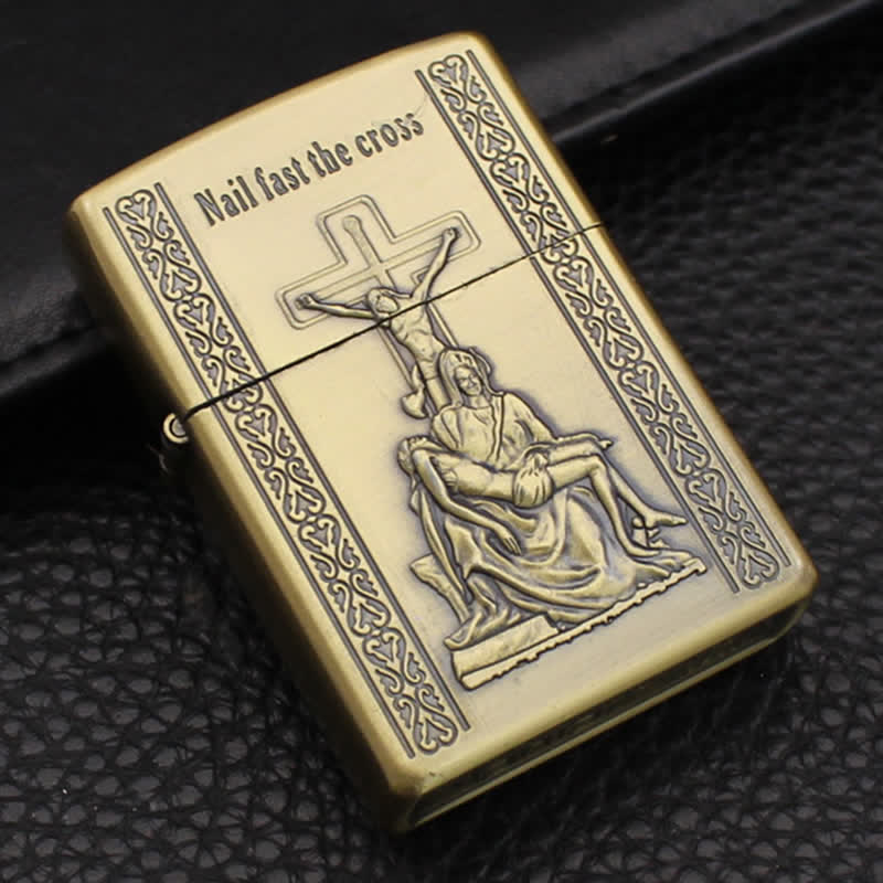 Bronze Jesus Cross Relief Craft Refillable Kerosene Lighter