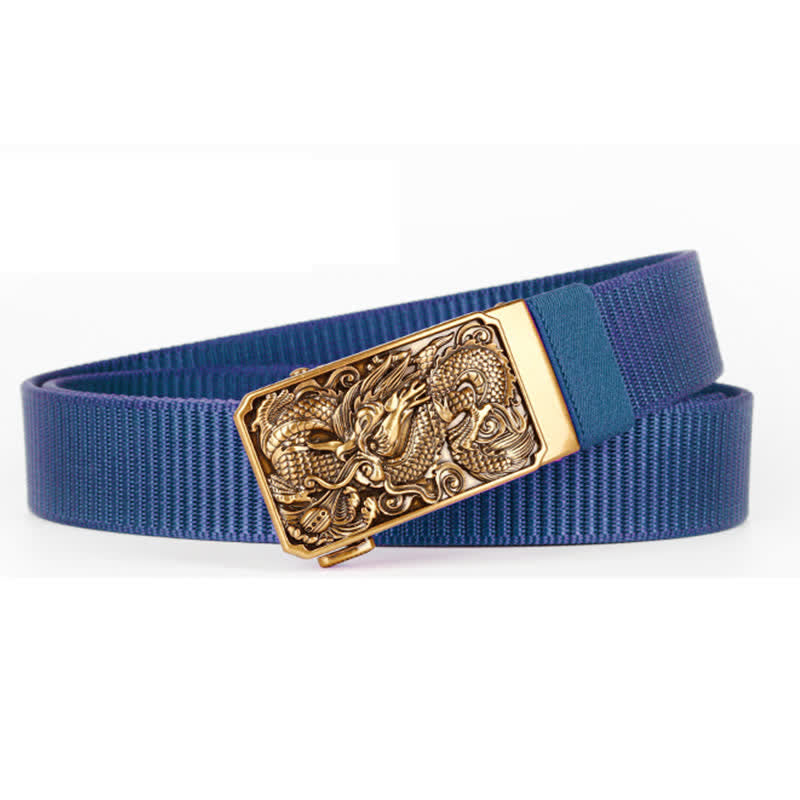 Men's Gold Coiled Dragon Automatic Buckle Nylon Belt