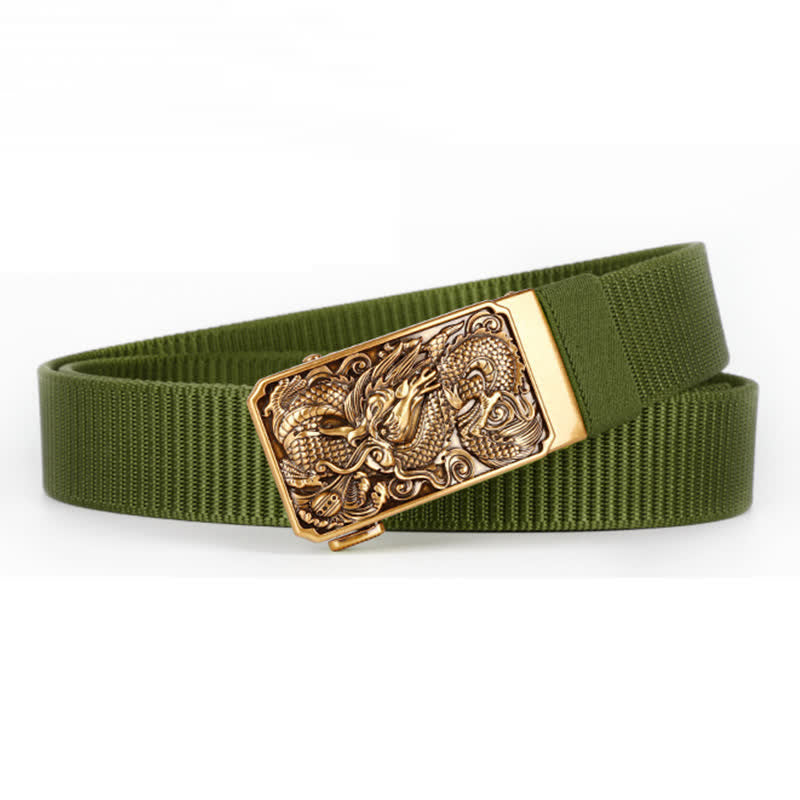 Men's Gold Coiled Dragon Automatic Buckle Nylon Belt