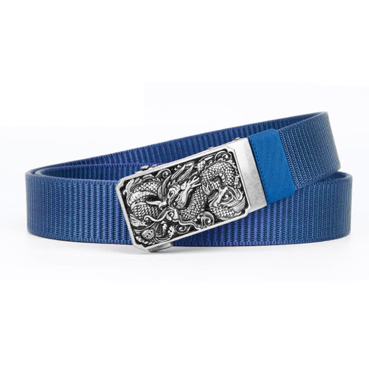 Men's Silver Coiled Dragon Automatic Buckle Nylon Belt