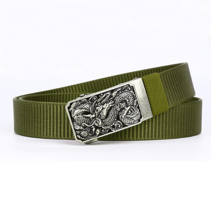 Men's Silver Coiled Dragon Automatic Buckle Nylon Belt