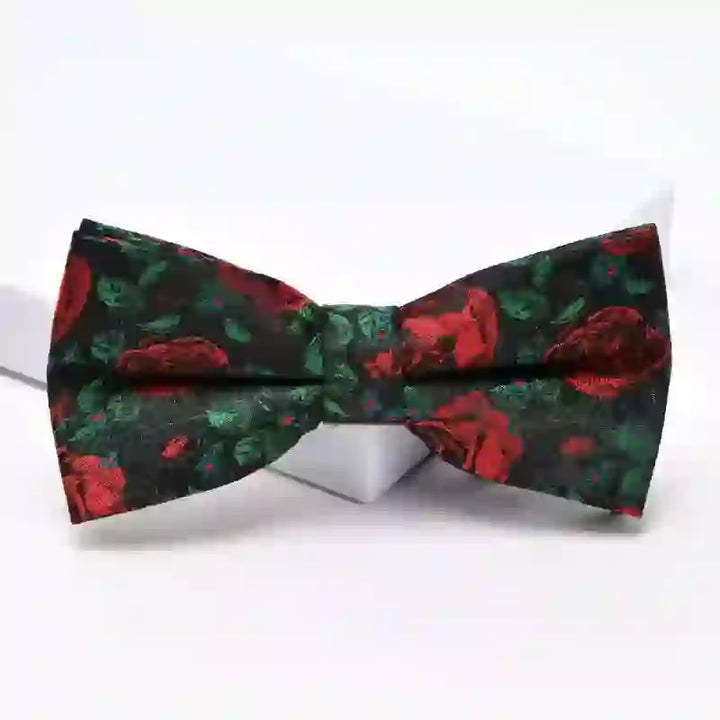 Men's Green Leaves & Red Rose Print Bow Tie Necktie