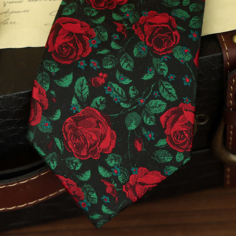 Men's Green Leaves & Red Rose Print Bow Tie Necktie