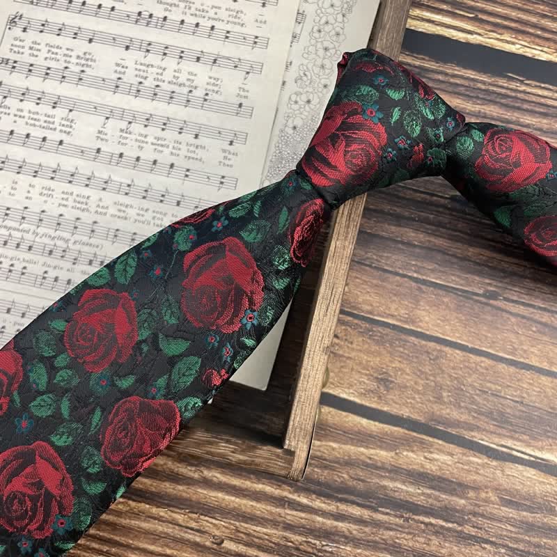 Men's Green Leaves & Red Rose Print Bow Tie Necktie