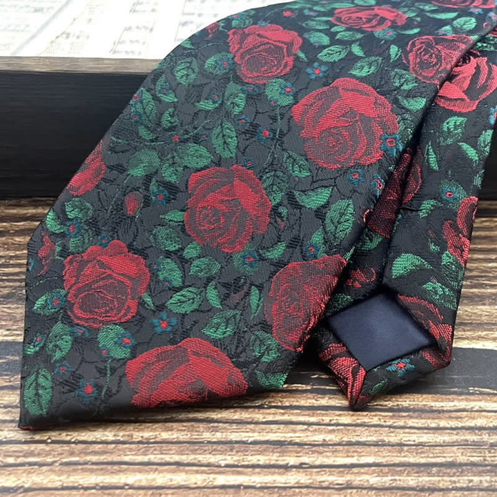 Men's Green Leaves & Red Rose Print Bow Tie Necktie