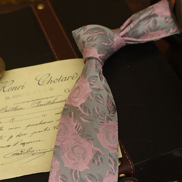 Men's Gray & Pink Rose Floral Pattern Bow Tie Necktie