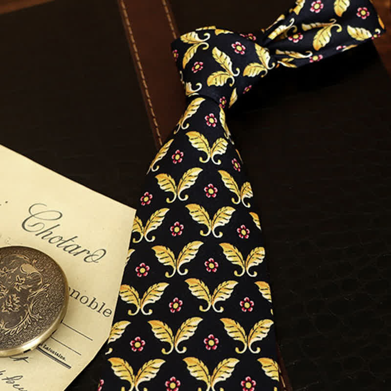 Men's Red Flowers & Gold Butterfly Motifs Dark Blue Necktie