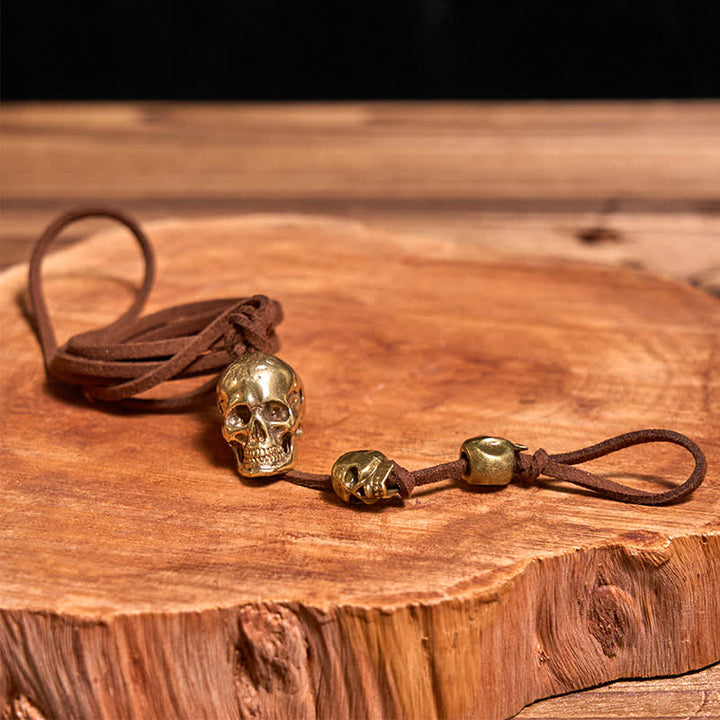 Motorcycle Accessory Brass Skull Head Leather Keychain