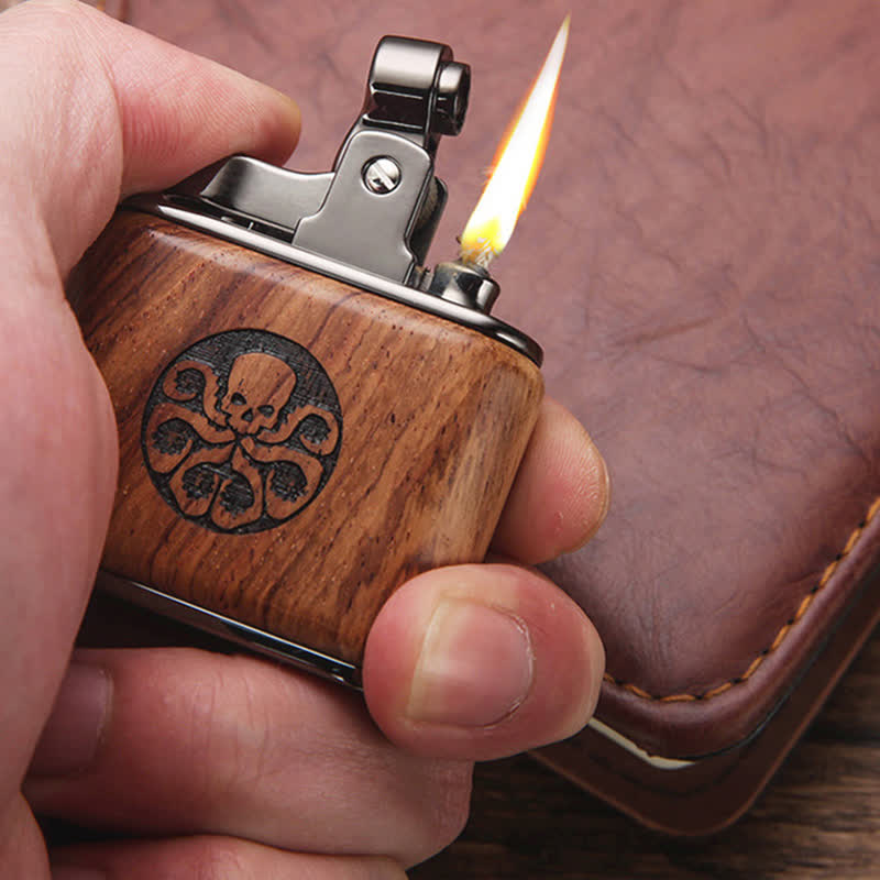 Walnut Carving Octopus Pattern Refillable Kerosene Lighter