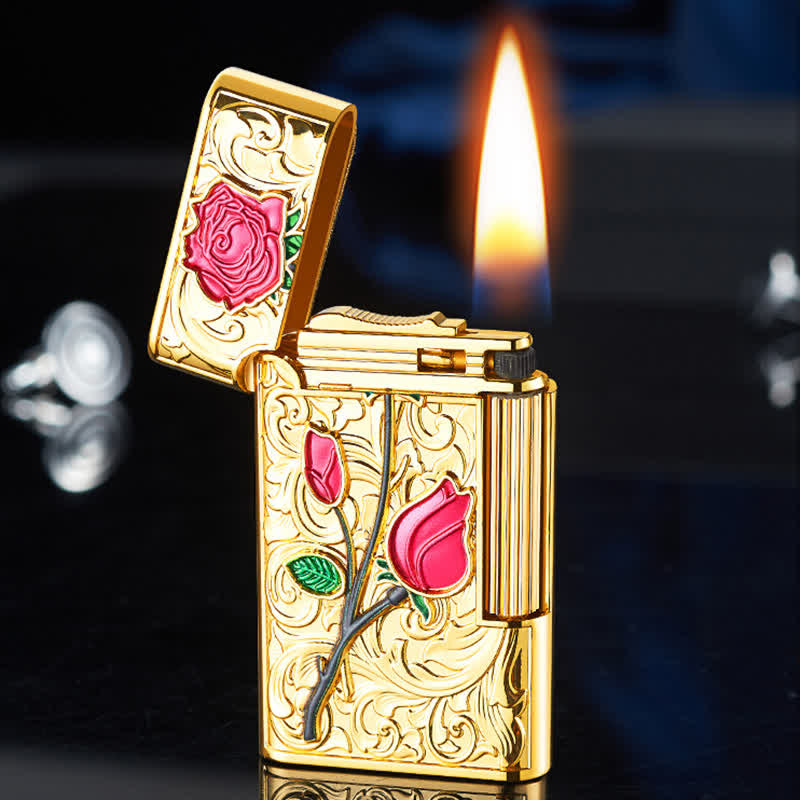 Gold Red Rose Flint Side Slide Refillable Butane Lighter