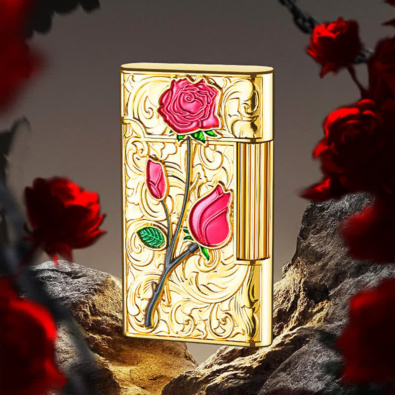 Gold Red Rose Flint Side Slide Refillable Butane Lighter