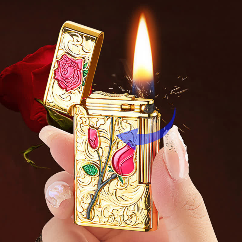 Gold Red Rose Flint Side Slide Refillable Butane Lighter