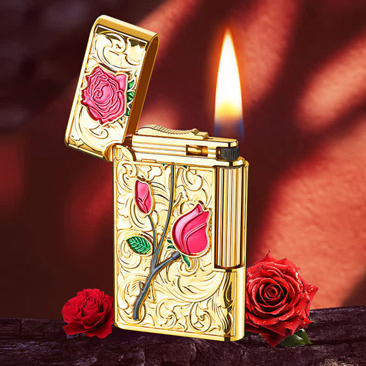 Gold Red Rose Flint Side Slide Refillable Butane Lighter