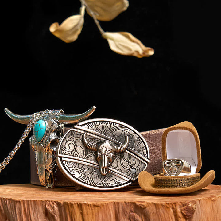 Turquoise Longhorn Bull DIY Hidden Knife Belt Buckle Pendant Ring Bundle Set - Silver - Brown Distressed Belt - 42 - image 0