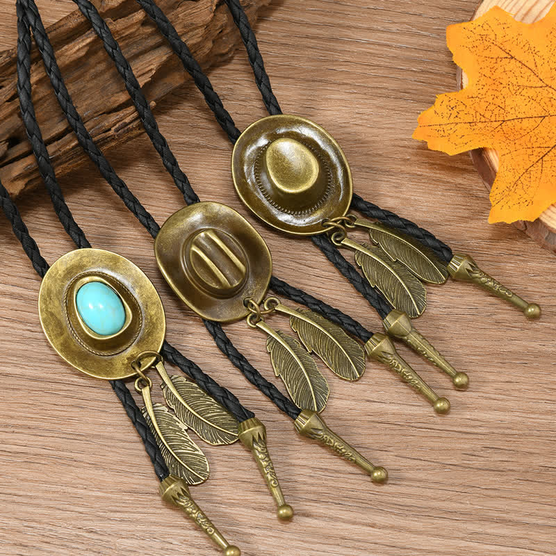 Vintage Bronze Cowboy Hat Shape Pendant Bolo Tie - image 0