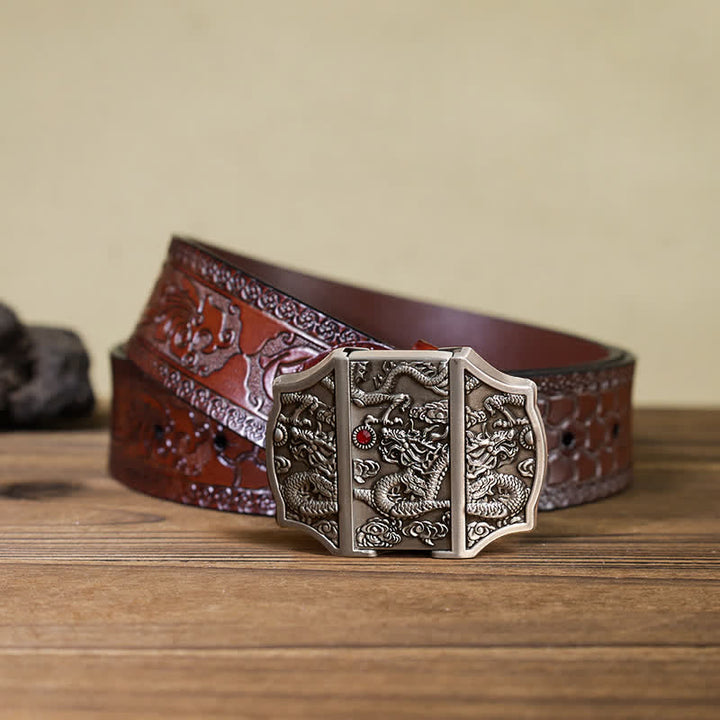 Men's DIY Antique Silver Dragon Leather Belt with Hidden Lighter - Dragon - Brown Carved Belt - 42 - image 9