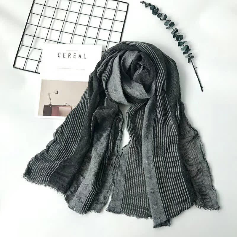 Short Fringe Vertical Stripes Wrinkles Lightweight Thin Scarf