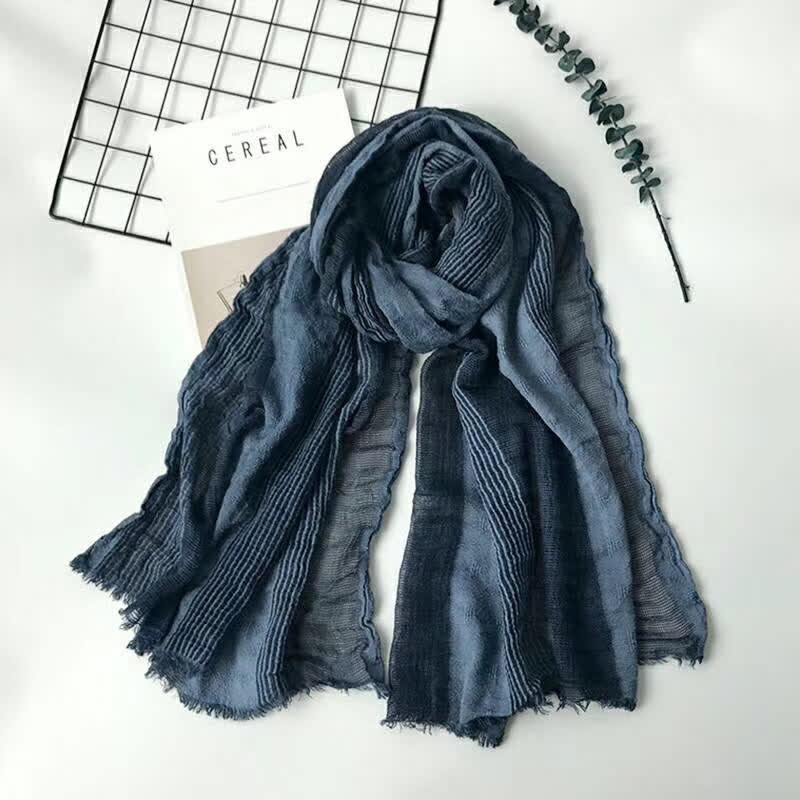 Short Fringe Vertical Stripes Wrinkles Lightweight Thin Scarf