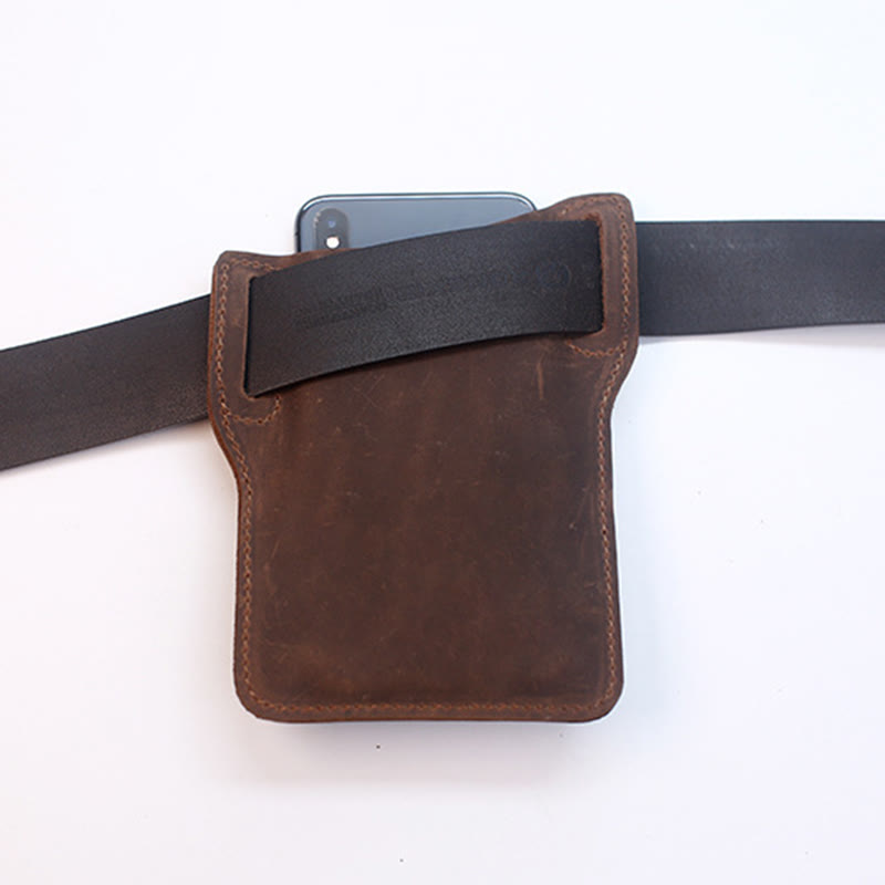 Coffee Mobile Phone Genuine Leather Hanging Waist Belt Bag