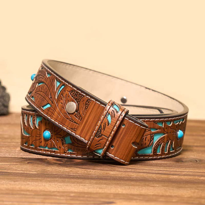Rose DIY Hidden Knife Belt Buckle Longhorn Pendant Goat Ring Bundle Set  - Bundle Set - Turquoise Carved Belt - 42 - image 10