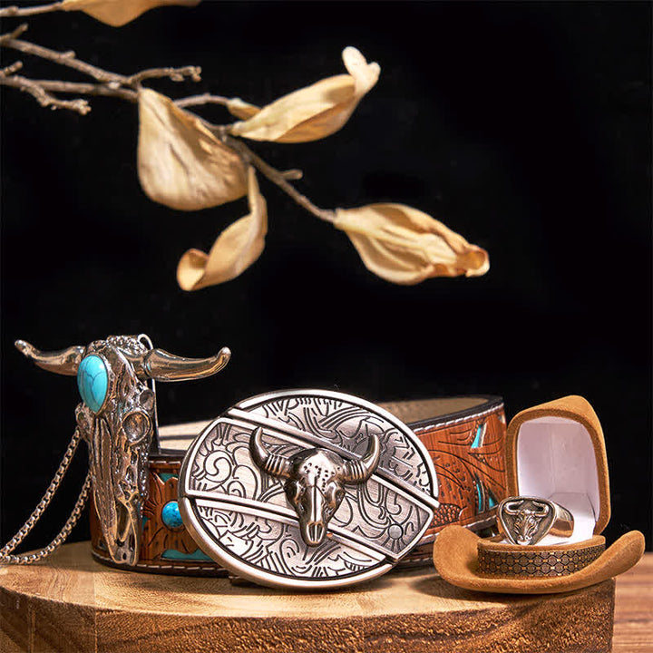 Turquoise Longhorn Bull DIY Hidden Knife Belt Buckle Pendant Ring Bundle Set - Silver - Turquoise Carved Belt - 42 - image 5