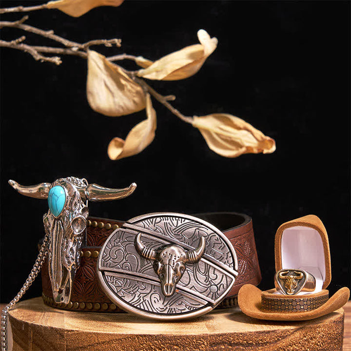 Turquoise Longhorn Bull DIY Hidden Knife Belt Buckle Pendant Ring Bundle Set - Gold - Brown Rivet Belt - 42 - image 12