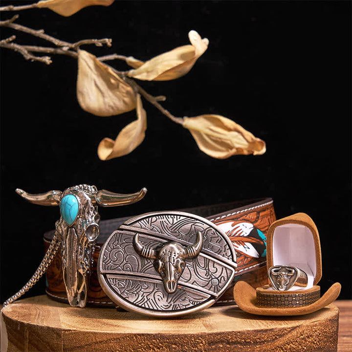 Turquoise Longhorn Bull DIY Hidden Knife Belt Buckle Pendant Ring Bundle Set - Silver - Brown Feather Belt - 40 - image 8