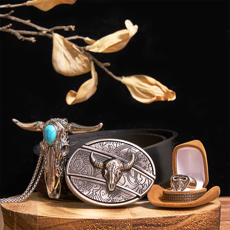 Turquoise Longhorn Bull DIY Hidden Knife Belt Buckle Pendant Ring Bundle Set - Silver - Black Embossed Eagle Belt - 42 - image 6