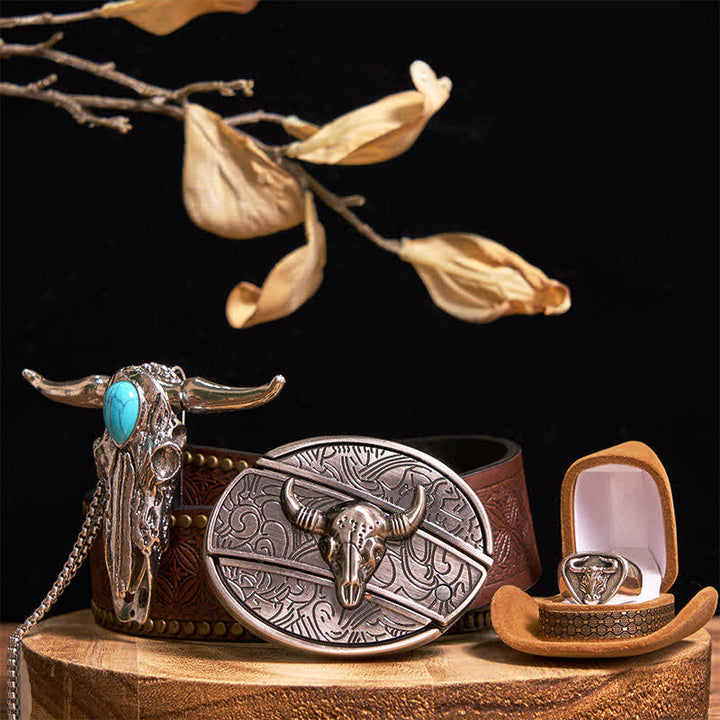 Turquoise Longhorn Bull DIY Hidden Knife Belt Buckle Pendant Ring Bundle Set - Silver - Brown Rivet Belt - 42 - image 7