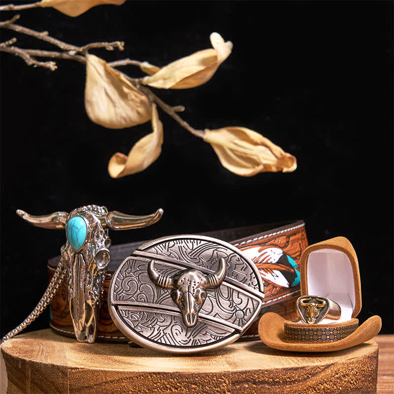 Turquoise Longhorn Bull DIY Hidden Knife Belt Buckle Pendant Ring Bundle Set - Gold - Brown Feather Belt - 40 - image 13