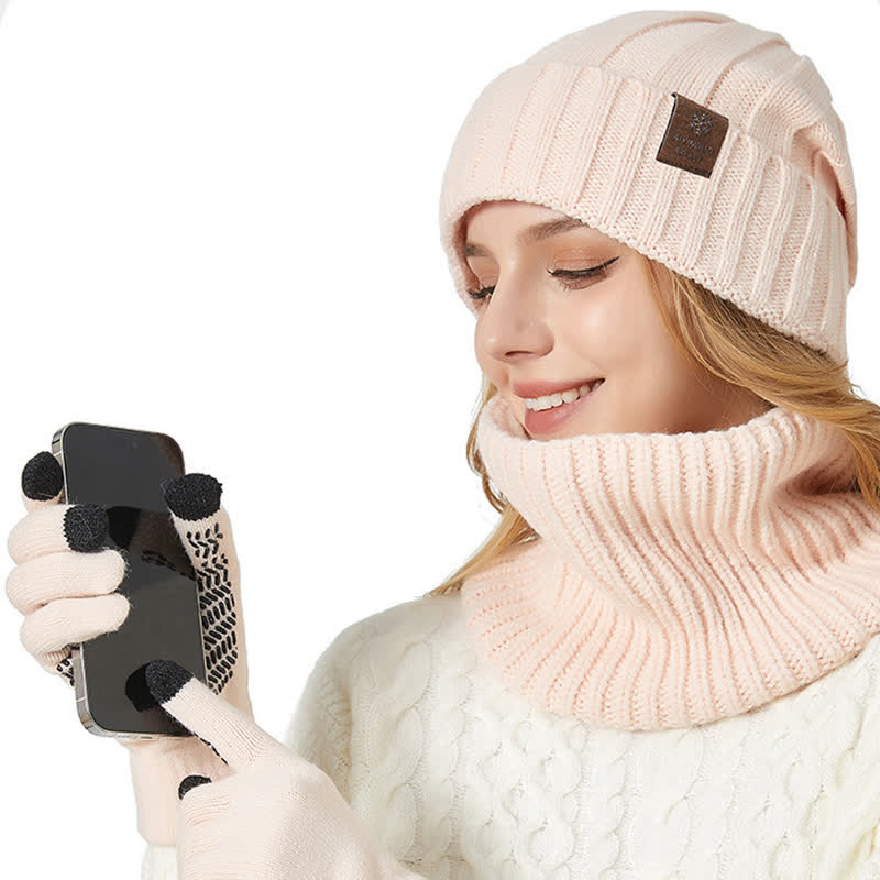 3Pcs Unisex Solid Color Hat Neck Warmer Gloves Set