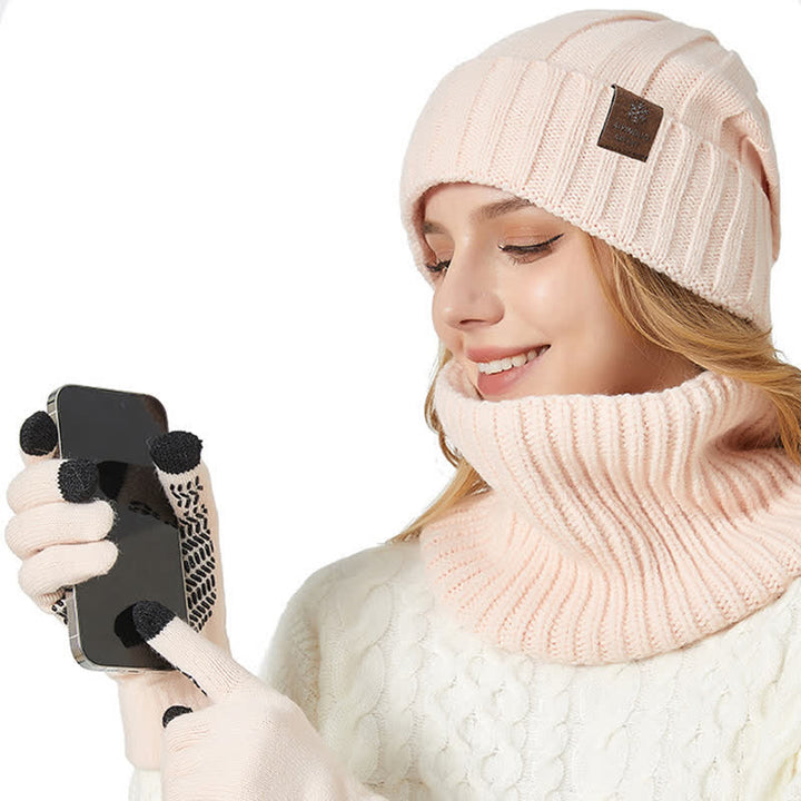 3Pcs Unisex Solid Color Hat Neck Warmer Gloves Set