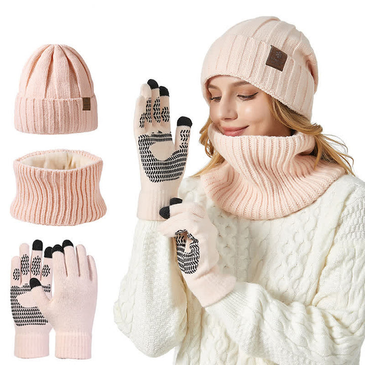 3Pcs Unisex Solid Color Hat Neck Warmer Gloves Set