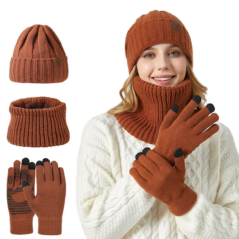 3Pcs Unisex Solid Color Hat Neck Warmer Gloves Set