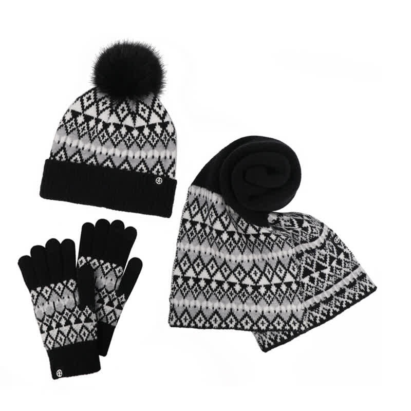 3Pcs Unisex Comfort Diamond Pattern Knitted Hat Scarf Gloves Set